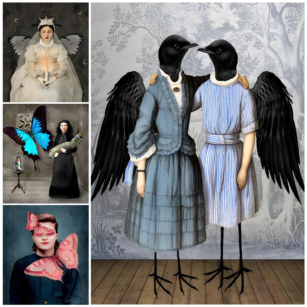 Bird Angel Dove Wings And Moth Bride Portrait Vintage Wall Art Canvas Print Surreal Butterfly And Crow Art Poster Print Decor
