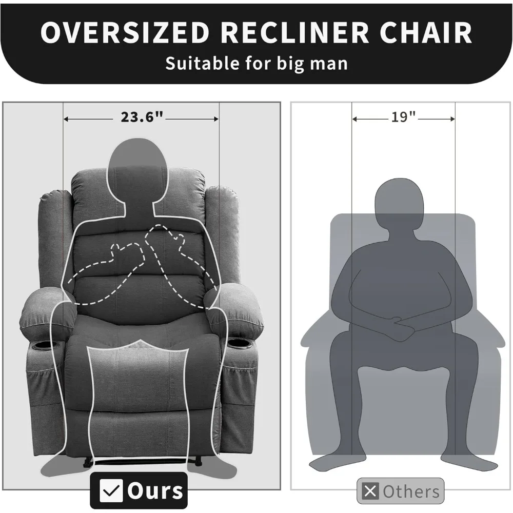 كرسي كرسي يدوي واسع للبالغين - كرسي صالة قماش قابل للتنفس كبير الحجم مع 3 أوضاع زاوية وحامل أكواب #3