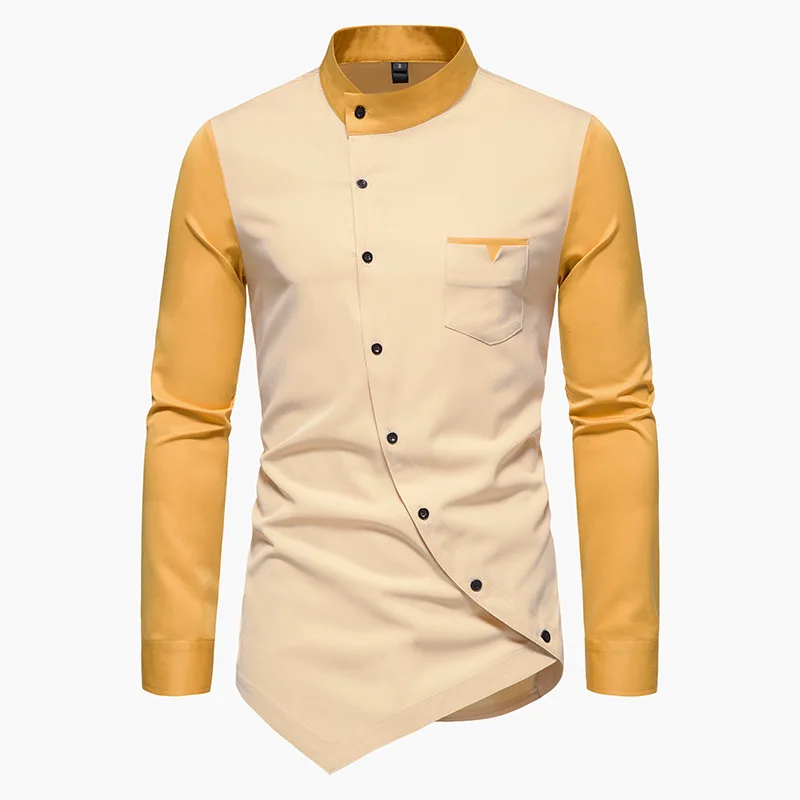 KIDWHXR Man T-shirts Fashion Contrast Color Stand Collar Male Irregular Shirts Slim Long Sleeve Stage Office Casual Men Tops