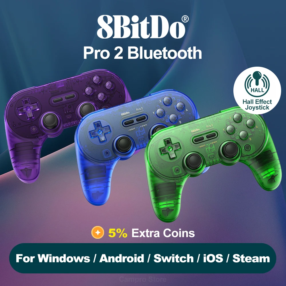 8BitDo Pro 2 Transparent Bluetooth Controller for Nintendo Switch PC Windows Steam Android iOS Available in Blue Green Purple