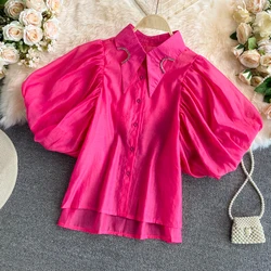 Chic Turn-down Collar Puff Sleeve asymmetrical Blouse Slim Sexy Hotsweet Shirt Women Streetwear French Fashion Crop Top