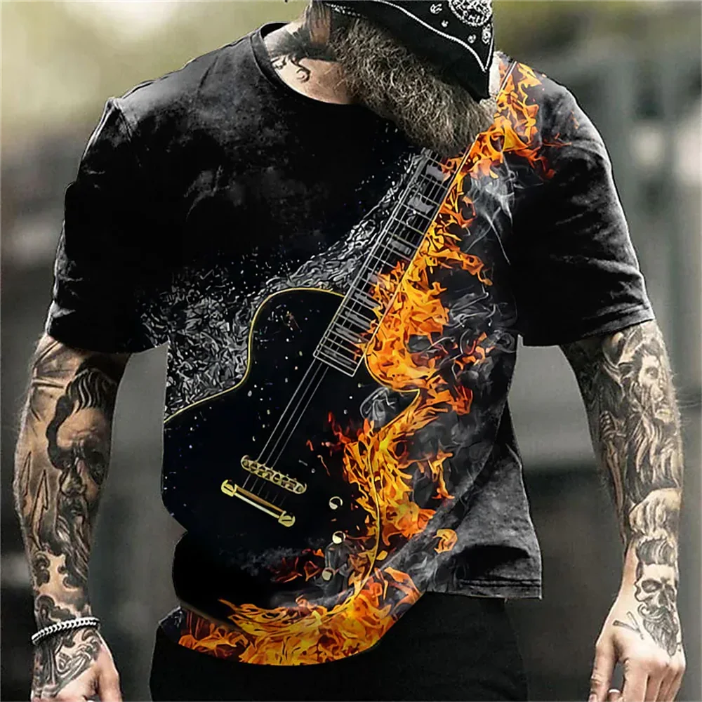 

Trendy Instrument Printed Men's T-shirt Guitar Pattern Short Sleeve Hip-hop Pop Loose Tops Male Classic Music Element Clothing