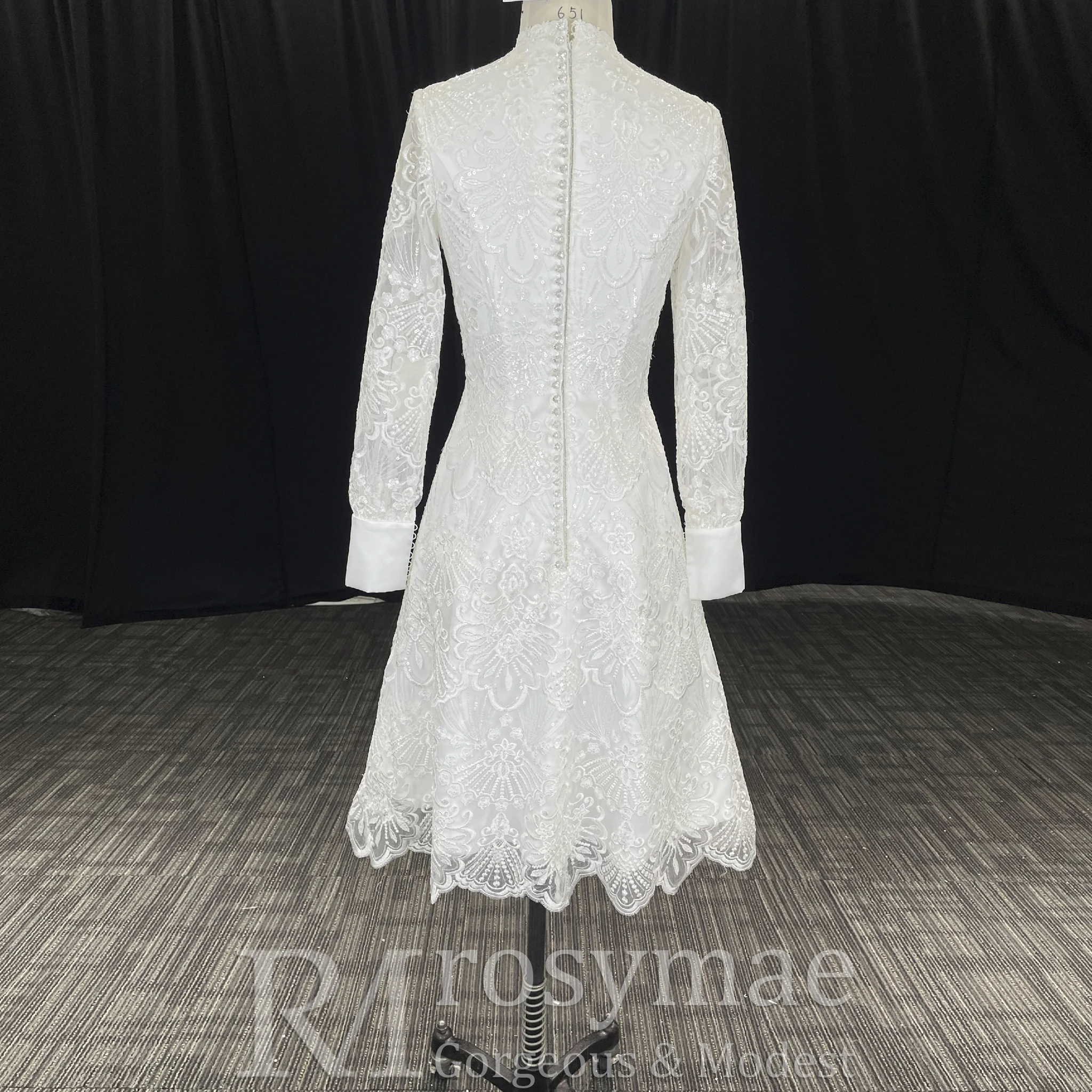 Rosymae Abiti da sposa eleganti in pizzo Abito a trapezio a maniche lunghe al ginocchio per le spose abito da sposa