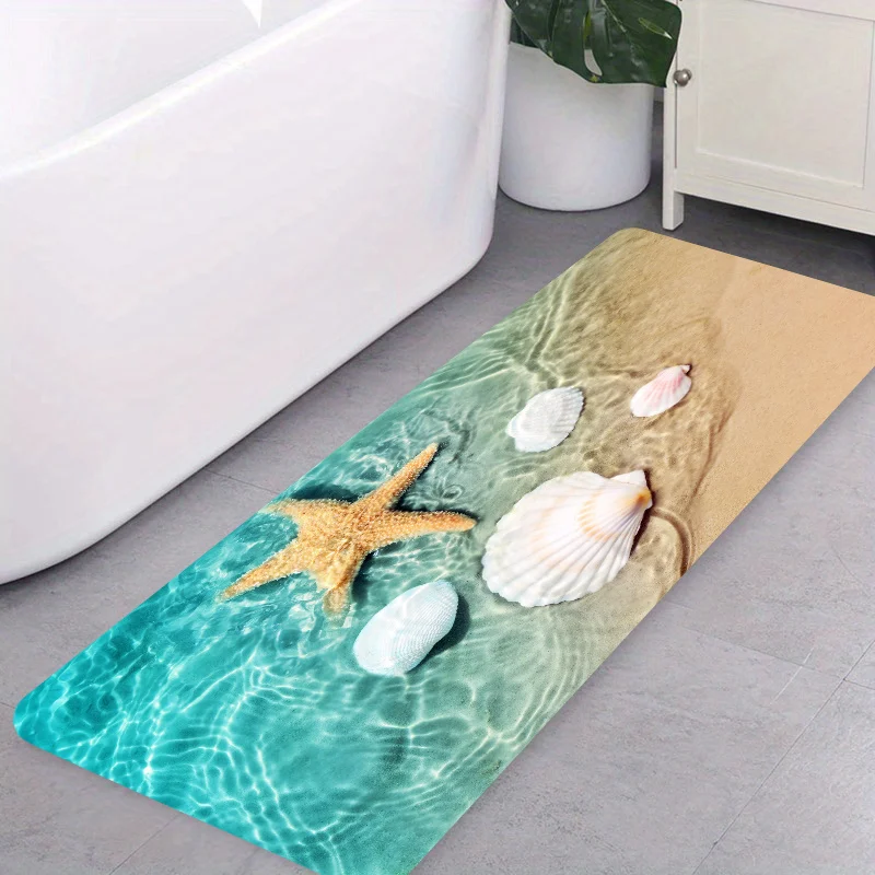 VIKAMA Long Coastal Bathroom Mat Clear Water Ripple Starfish Scallop Shell Beach Sand Print Non‑slip Absorbent Washable Bath Rug