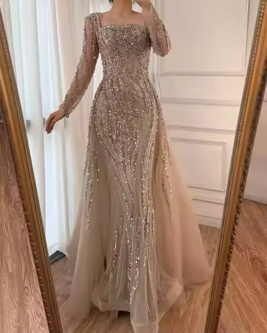 Customized Elegant Women's Mermaid Lace Beaded Evening Dresses Temperament Square Collar Homecoming Dress Birthday Party Gown