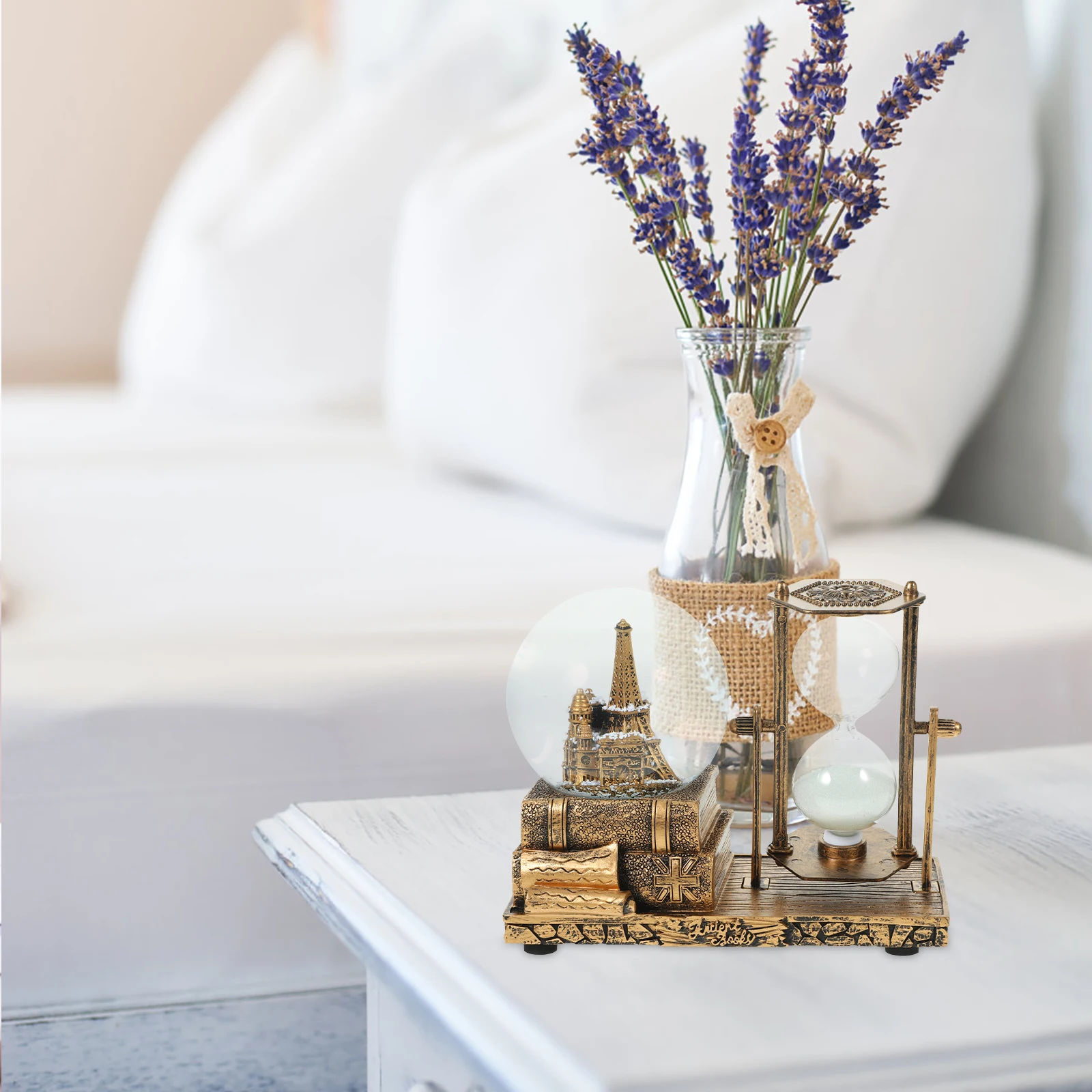 

Retro Iron Tower S Clock Crystal Ball Music Box LED Light Living Room Table Decor Resin Craft nament Hourglass Desk Novelty Gift