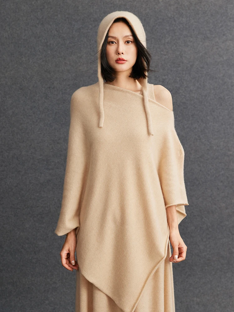 

TLOML New Women's 100% Cashmere Knit Shawls Autumn Winter Pullover Scarf Cape Soft Warm Cashmere Knit Wraps Slash Collar Shawls