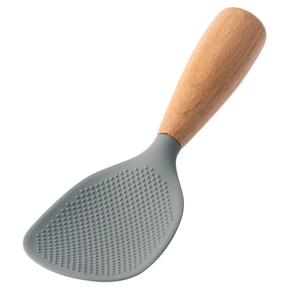 Heat Resistant Silicone Rice Spoon With Wooden Handle Designed For Easy Grip And Safe Use On Nonstick Cookware
