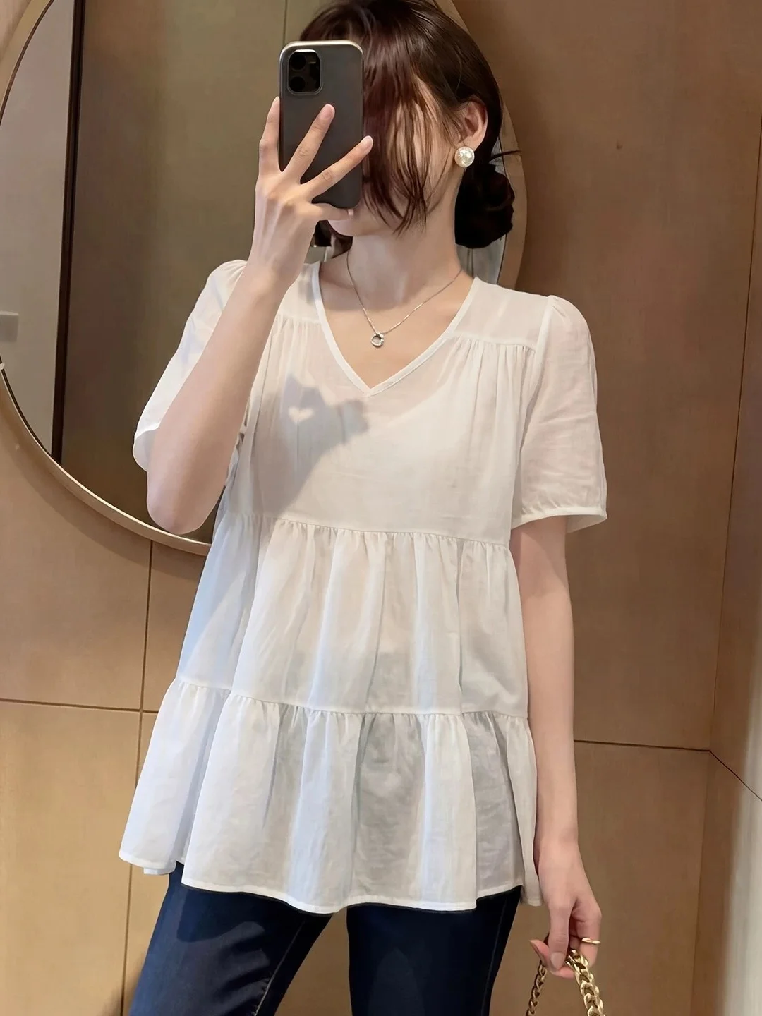 plus Size Doll Shirt Casual Style Patchwork Loose Fit Belly Covering Summer Top with Layering Design And Pleated Details