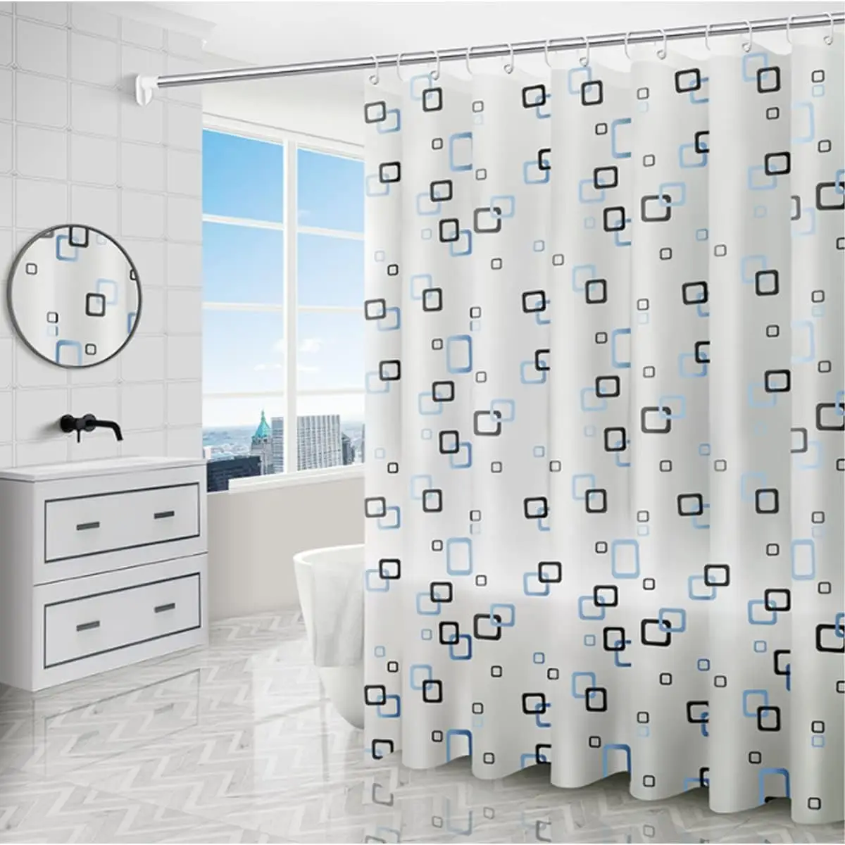 PEVA Shower Curtain Modern Geometric Blue and Black Print Waterproof Shower Curtain Liner for Bathroom Bathtub