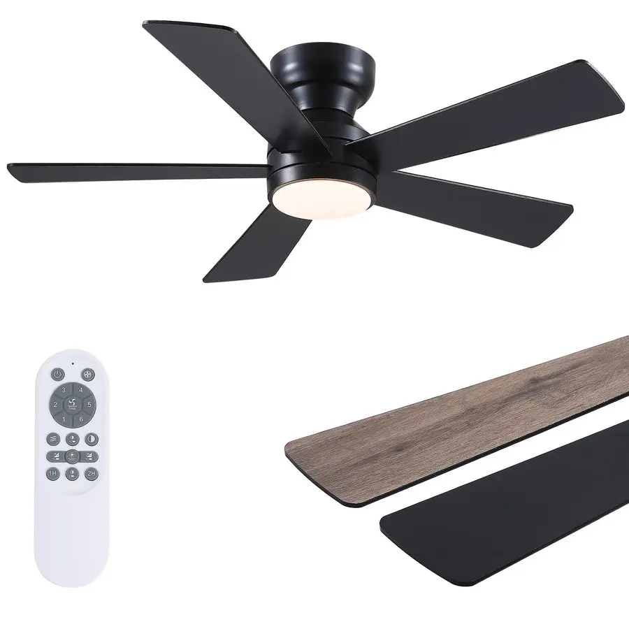 

Black Ceiling Fans with Lights 46 Flush Mount Ceiling Fan with Remote and 5 Reversible Blades, 3CCT Dimmable, 6 Wind Speeds2H T