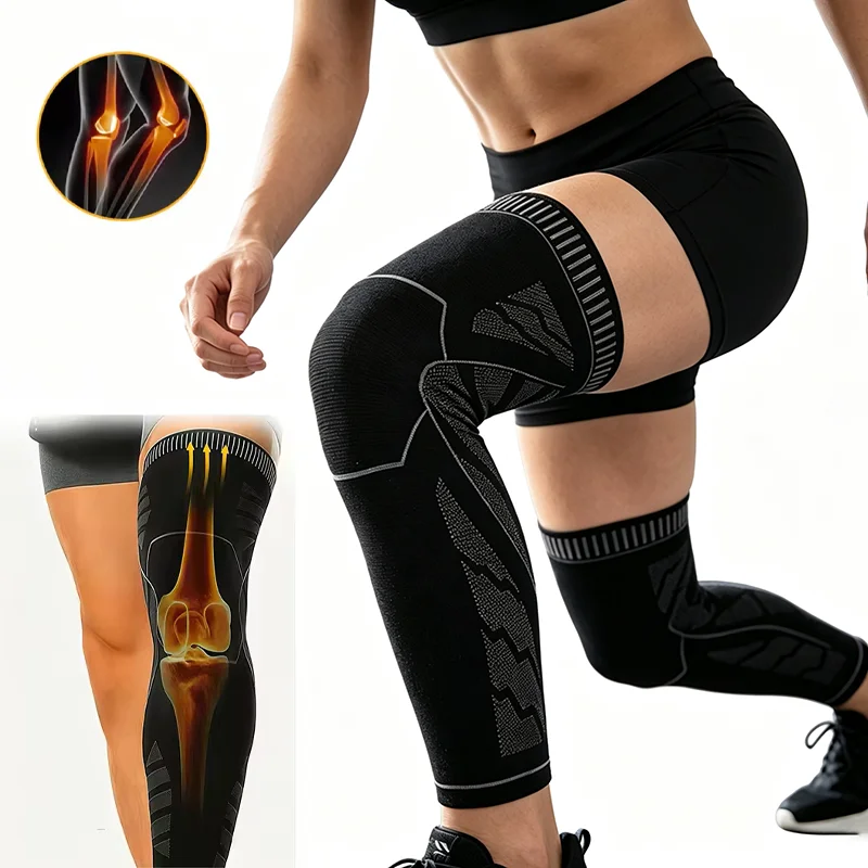 1Pair Compression Leg & Knee Braces with Non-Slip, Extended Full-Length Knee Sleeves for Running, Basketball, Cycling