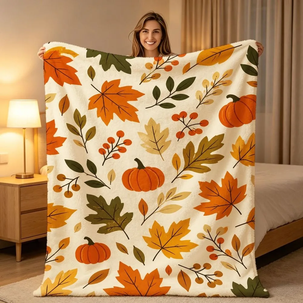 Watercolor Fall Foliage Pumpkin Print Blanket Maple Leaf Wild Berry Botanical Pattern Soft Warm Sofa Bed Blanket All Season