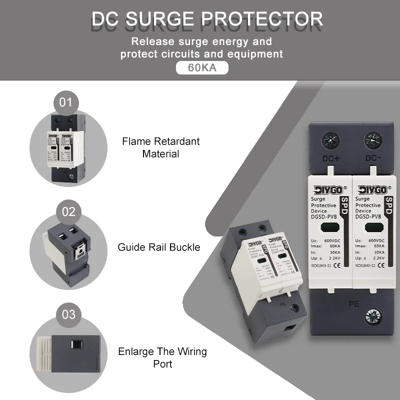 

SPD 2P DC 500V 600V 800V 1000V With Din Rail 30KA~60KA House Surge Protector Solar Outdoor Power Protection Arrester Device