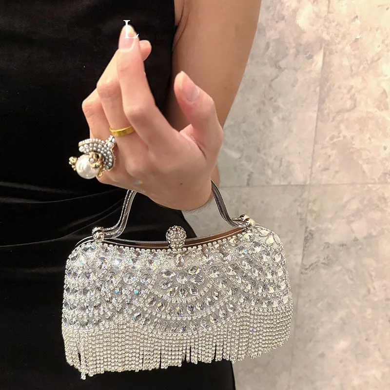 Metallische Strass-Diamant-Abendclutch mit Goldener Quaste, Luxuriöse Braut-Hochzeits-Party-Handtasche für Damen, Formelle Bankett- und Abschlussball-Tasche – Detail 21