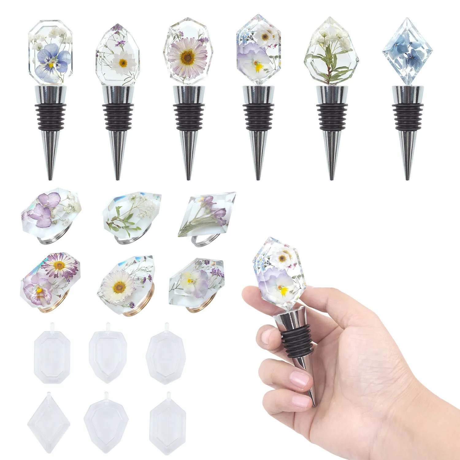 Silicone Resin Molds Set withWine Stoppers, Wine Bottle Stopper Saver Mold, Crystal Gem Stone Epoxy Resin Mold, Geometric Spheri