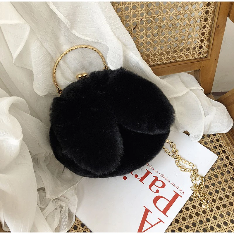 Weiche, flauschige Plüsch-Handtasche mit Henkel, niedliche Umhängetasche mit Hasenohren und Kette, warme Winter-Clutch, leichte Handytasche – Detail 9