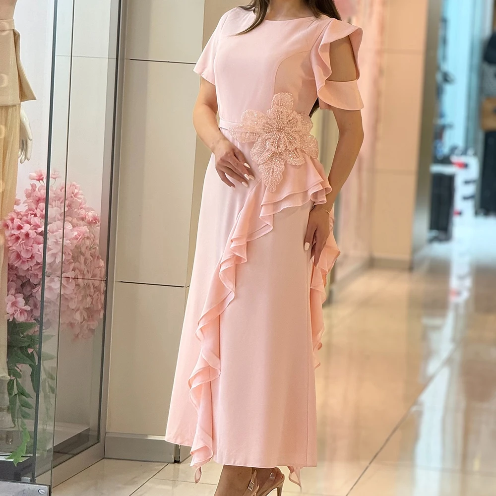 

Customized A-line Evening Dresses Ankle-length O-neck Short Sleeve Prom Gown Fashion Flowers Sequined Ruched Draped Party Gown