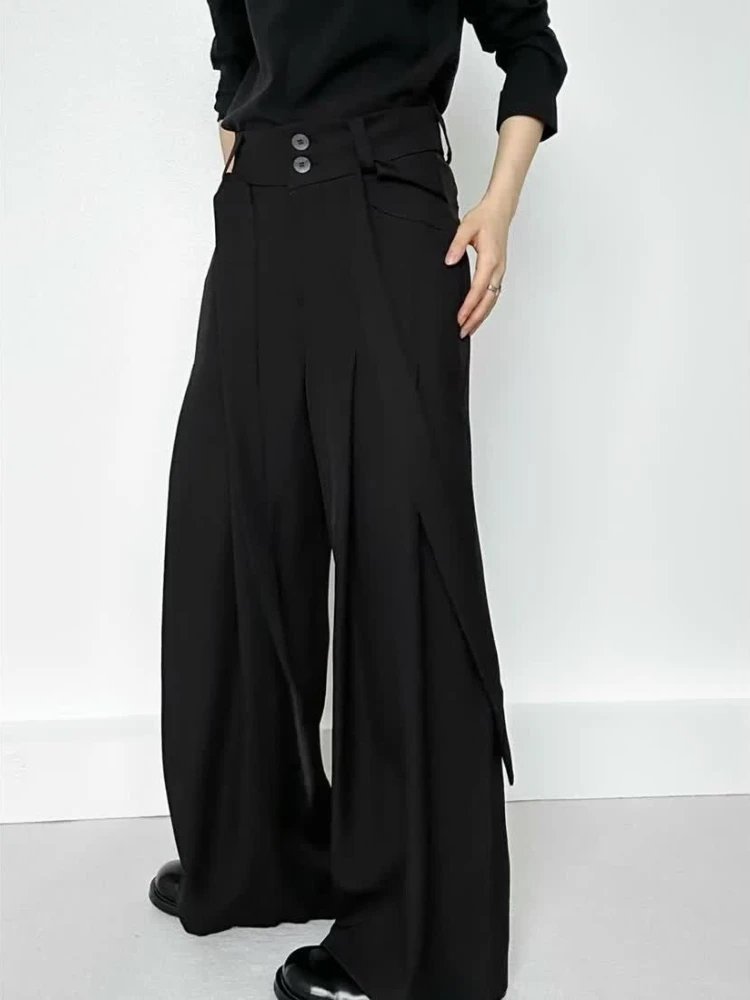 2026 New Chinese Style Trousers Men Women Baggy Wide Leg Pants Casual Flowy Belted Suit Pant Loose Long Trousers Designer