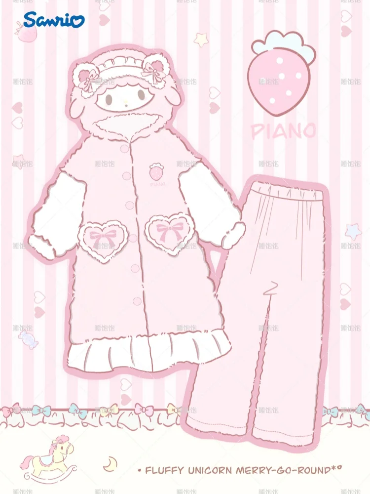 

Sanrio Melody Cute Sweet Lamb Piano Thick Sleeprobe Home Clothes Set Winter Warm Girls' Pajamas Anime Peripherals