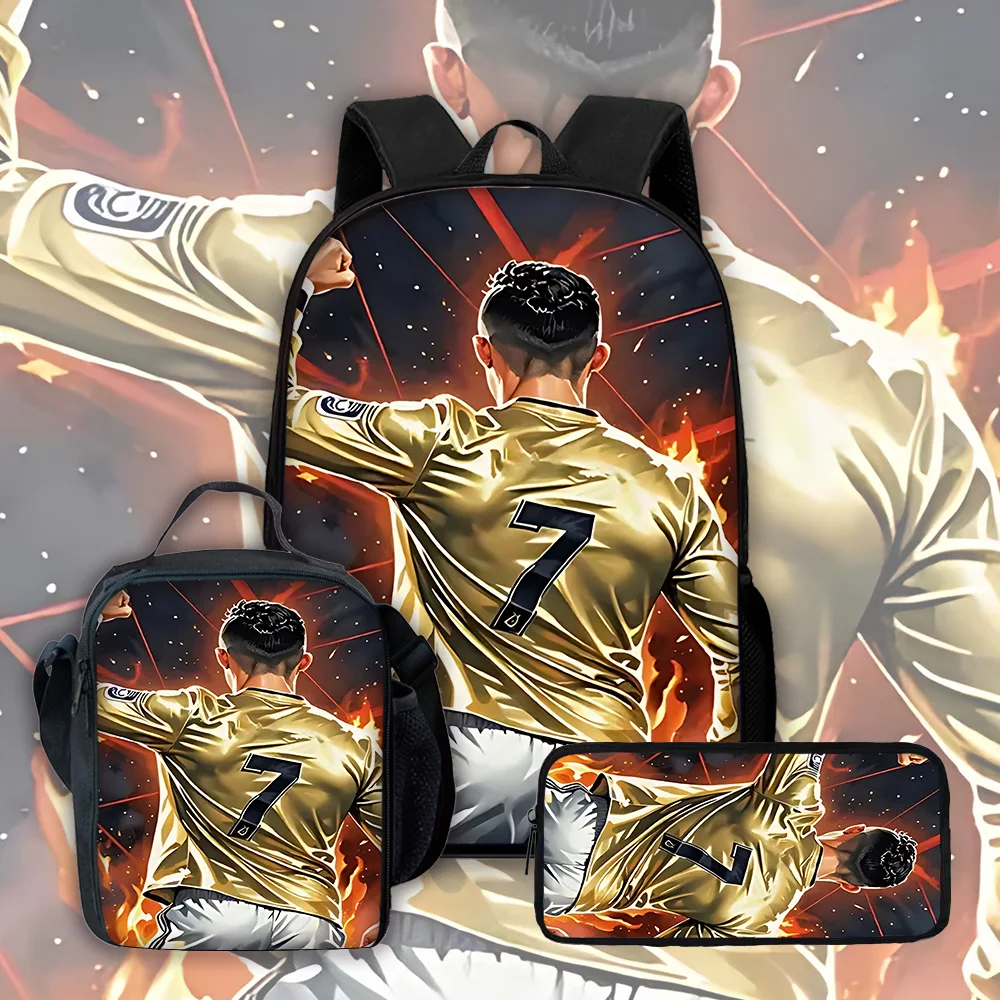 Football Star Child School Backpack with Lunch Bags ,Pencil Bags ,C-CR7 School Bags for Boys R-Ronaldos Girls Best Gift