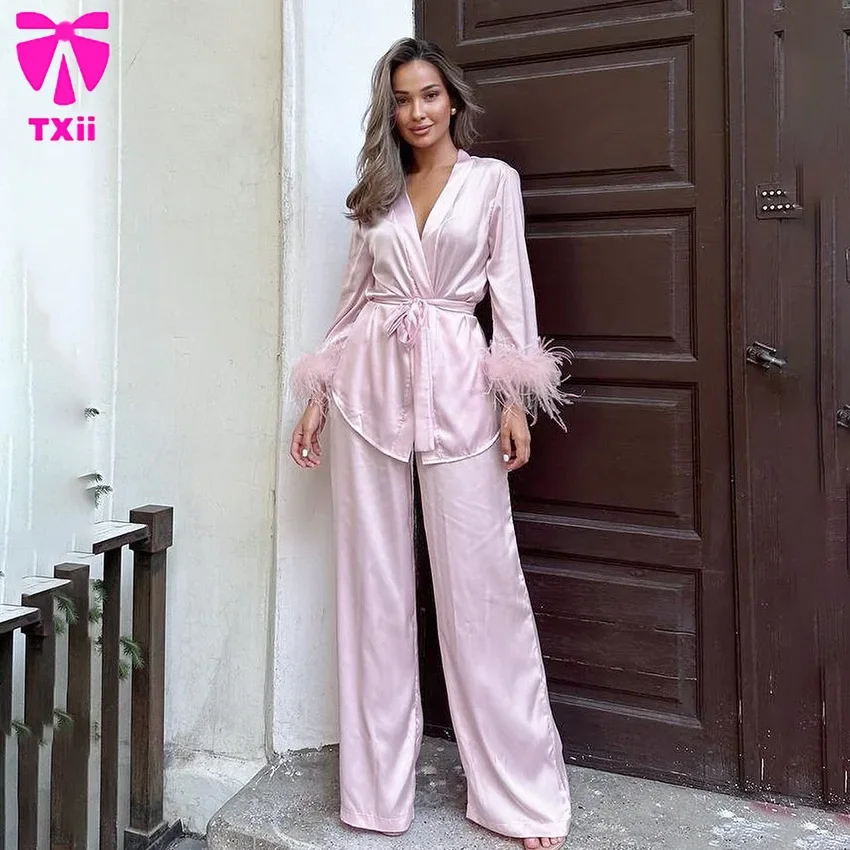 TXii 2024 Autumn pink imitation silk cardigan with lace up feathers women\'s home clothes long sleeved pants pajama set