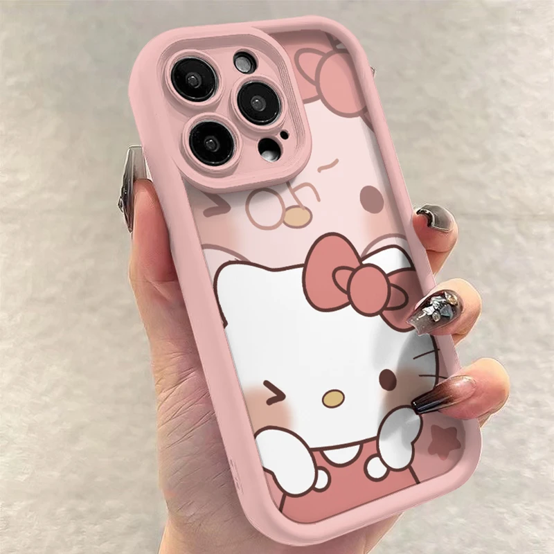 Sanrio Ins Hello Kitty Phone Case For Iphone 15 14 13 11 12 Pro Max Plus X XR XS 7 8 Plus Y2k Girl Clear Gift Silicone Anti-fall