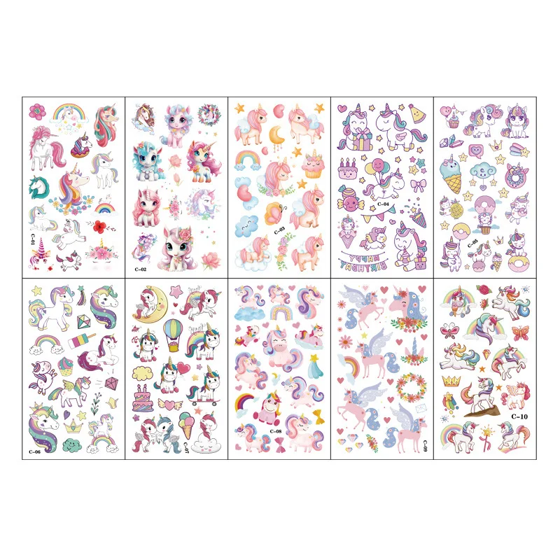 10Pcs Cartoon Fake Tattoo Stickers Cute Unicorn Animals Car Dinosaur Butterfly Temporary Waterproof Kids DIY Tattoo Stickers