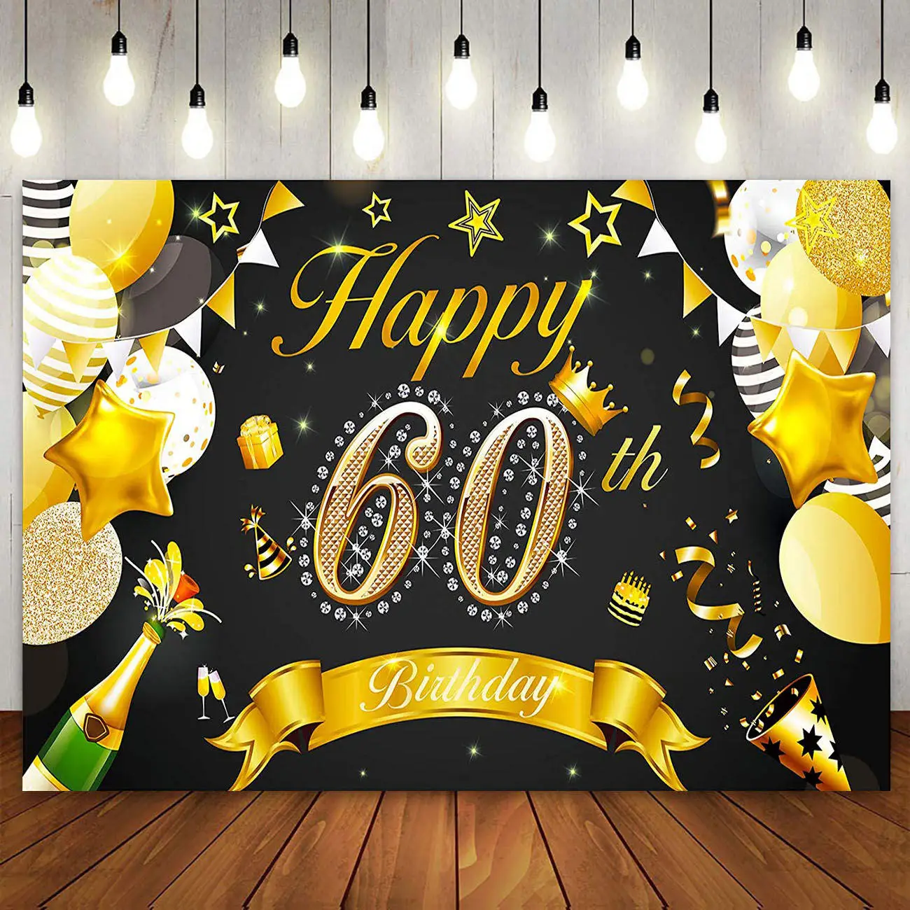 

Happy 60th Birthday Party Decoration Backdrop Cake Banner Poster Sixty 60 Years Old Black Gold Photography Background for Women