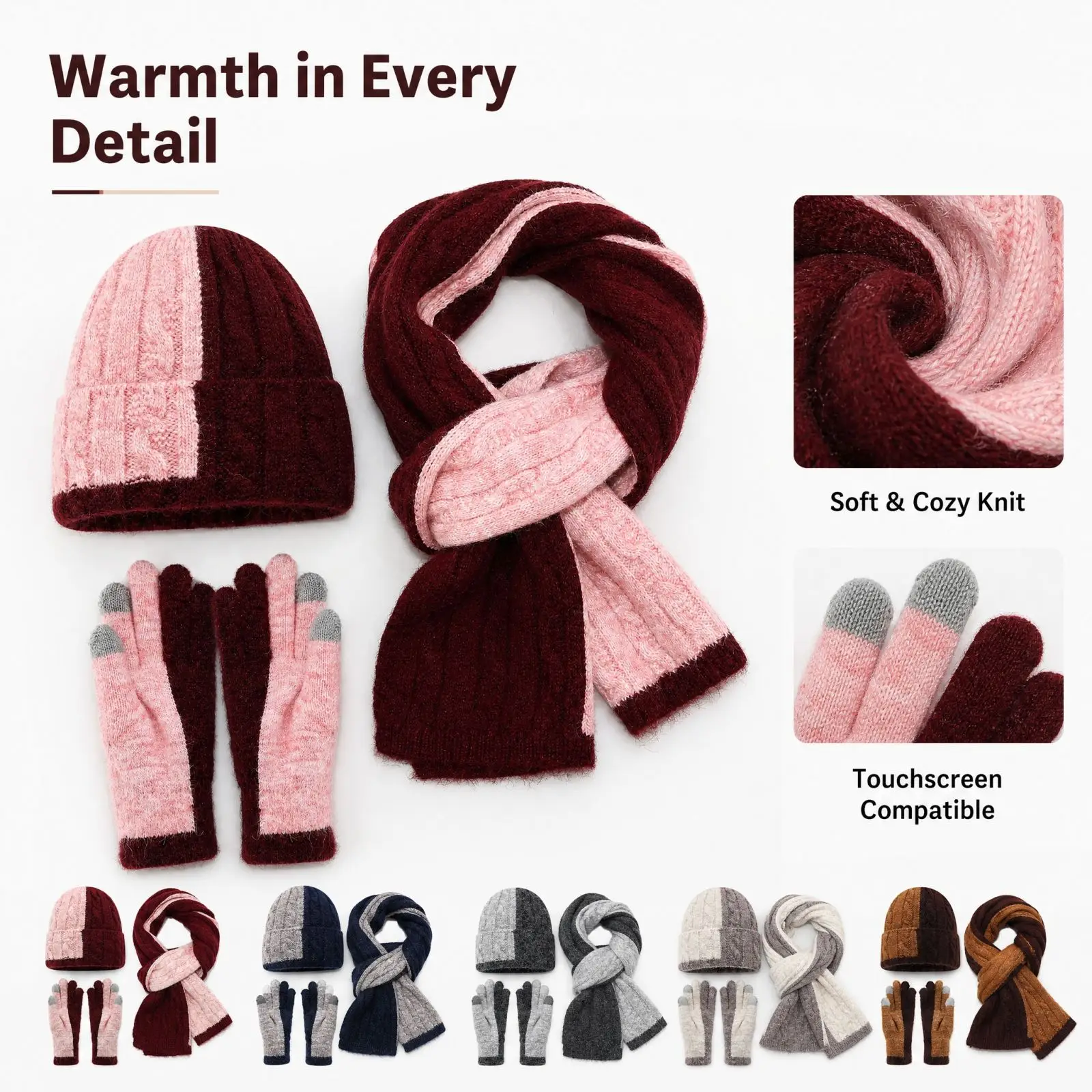 Men Women Contrast Spliced Knit Hat Scarf Gloves 3-in-1 Set Cold Resistant Autumn Winter Warm Thermal Accessory Kit