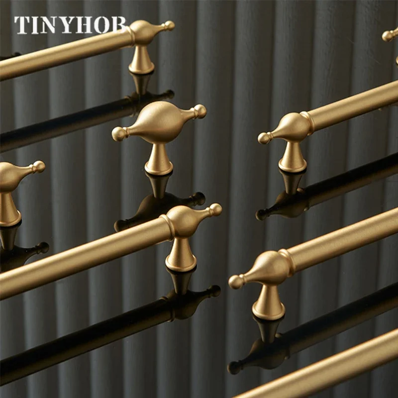 Tinyhob Gold Unique Design Solid Brass Furniture Handles Kitchen Cupboard Door Pulls T bar Cabinet Hardware Drawer