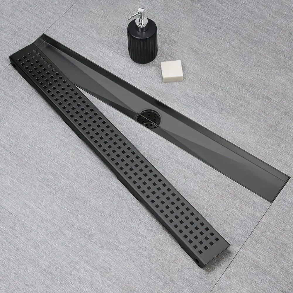 24 مصفاة دش خطية سوداء غير لامعة مع شبكة قابلة للإزالة ومصفاة شعر، من الفولاذ المقاوم للصدأ قابل للتعديل