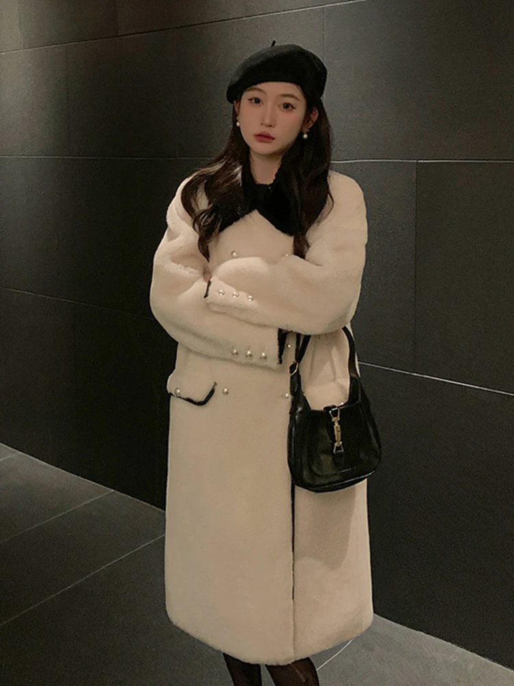 BZVW Temperament Lamb Woolen Coat Women's 2024 Winter New Lapel Double Breasted Contrast Color Mid Length Coats Female 25Z1103