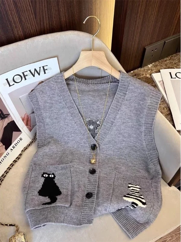 

Весенне-осенний вязаный свободный женский жилет с героями мультфильмов, открытый кардиган с v-образным вырезом, свитер, многослойный верх, удобный трикотаж