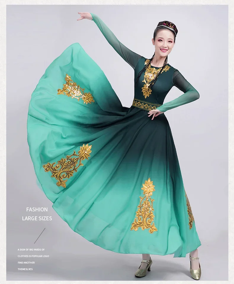 Elegante fantasia de dança Xinjiang para fêmea, vestido Uyur para performance de palco, dança folclórica asiática, adulto oblíquo, vestido chinês