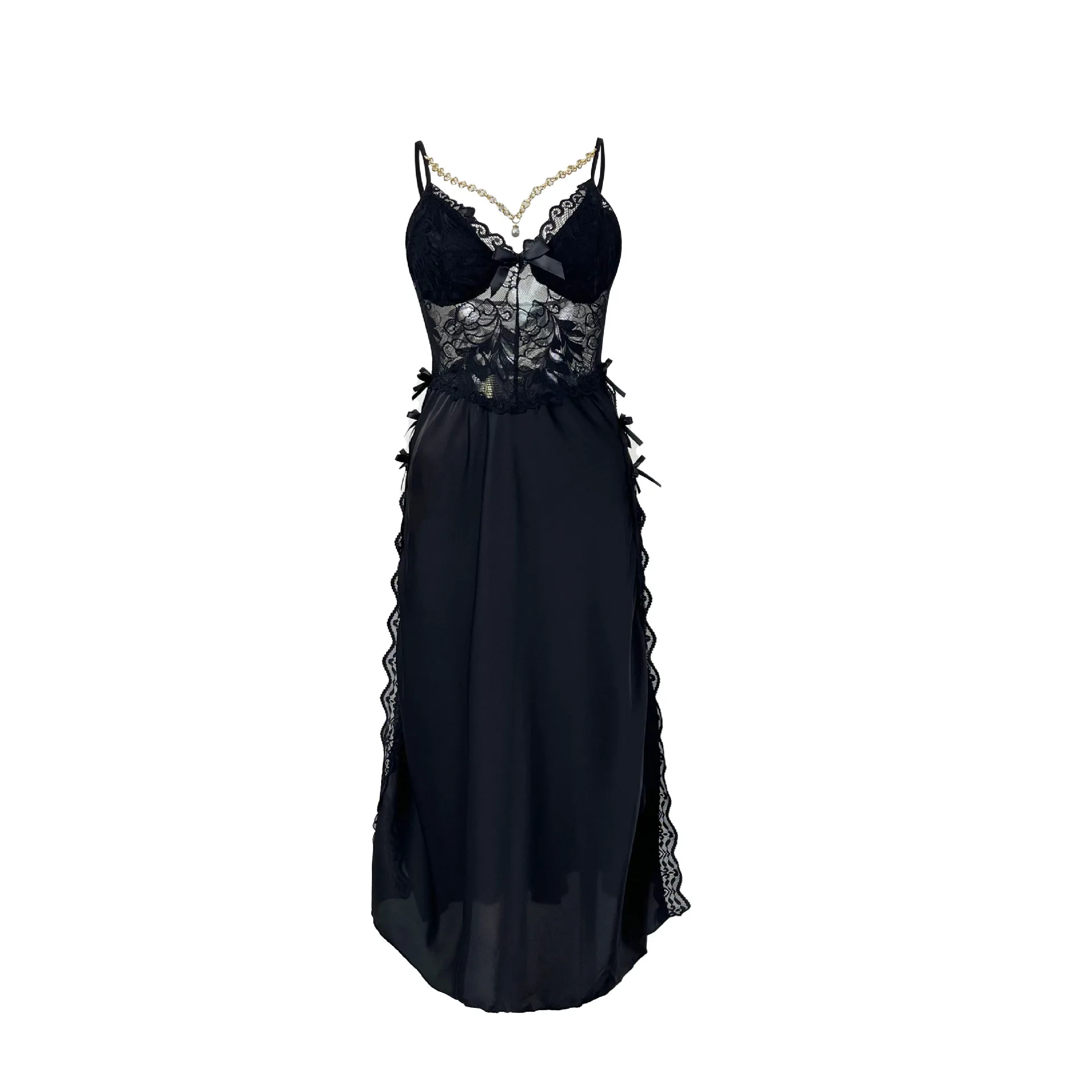 Women Black Lace Satin Midi Nightgown Strap Neck Bow Decor Sheer Floral Lace Bust Side Lace Trim High Slit Sleep Dress 7C8K
