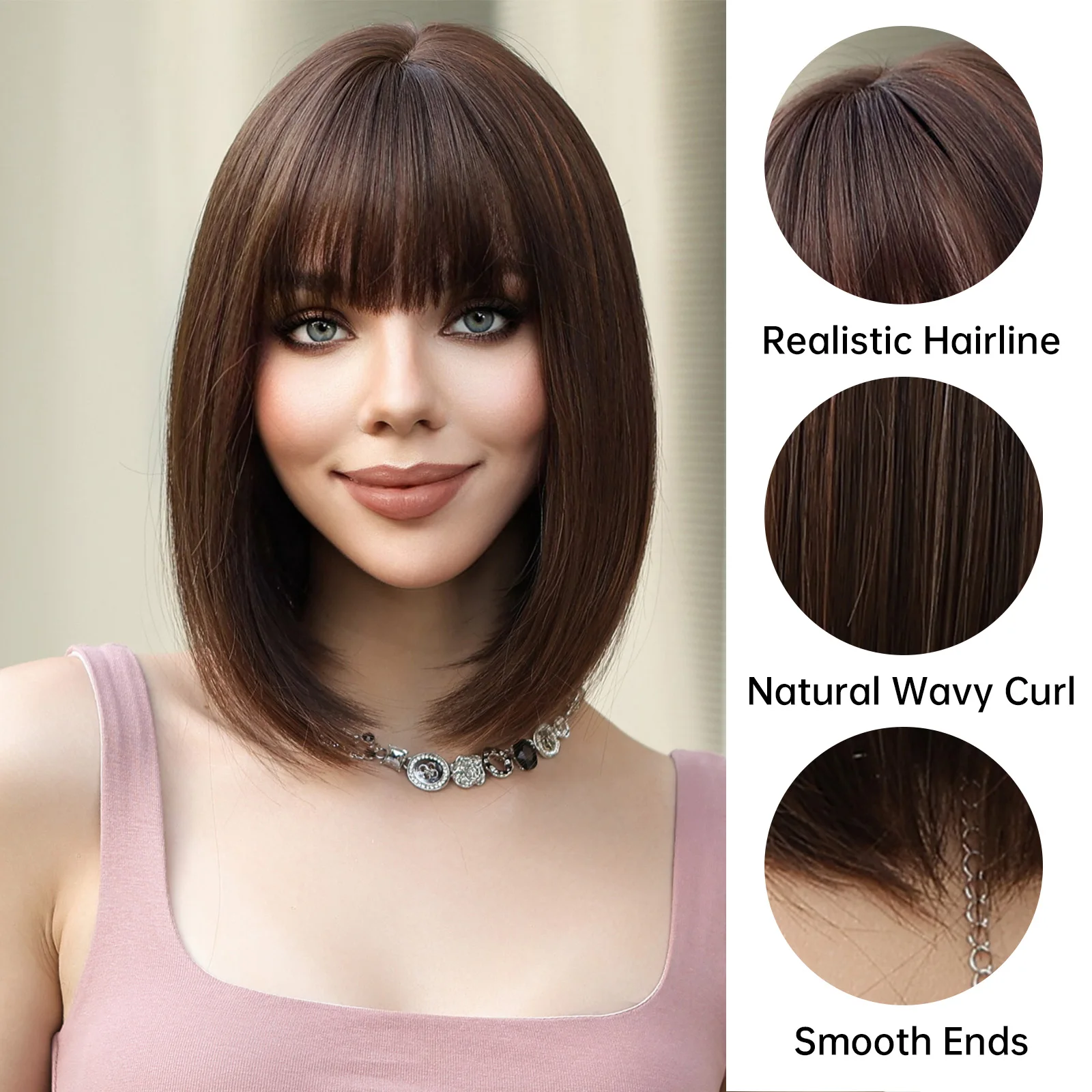 Straight Bob Synthetic Wigs Chocolate Brown Bob Wigs with Bangs Dark Brown Hair for White Black Women Daily Use Heat Resistant