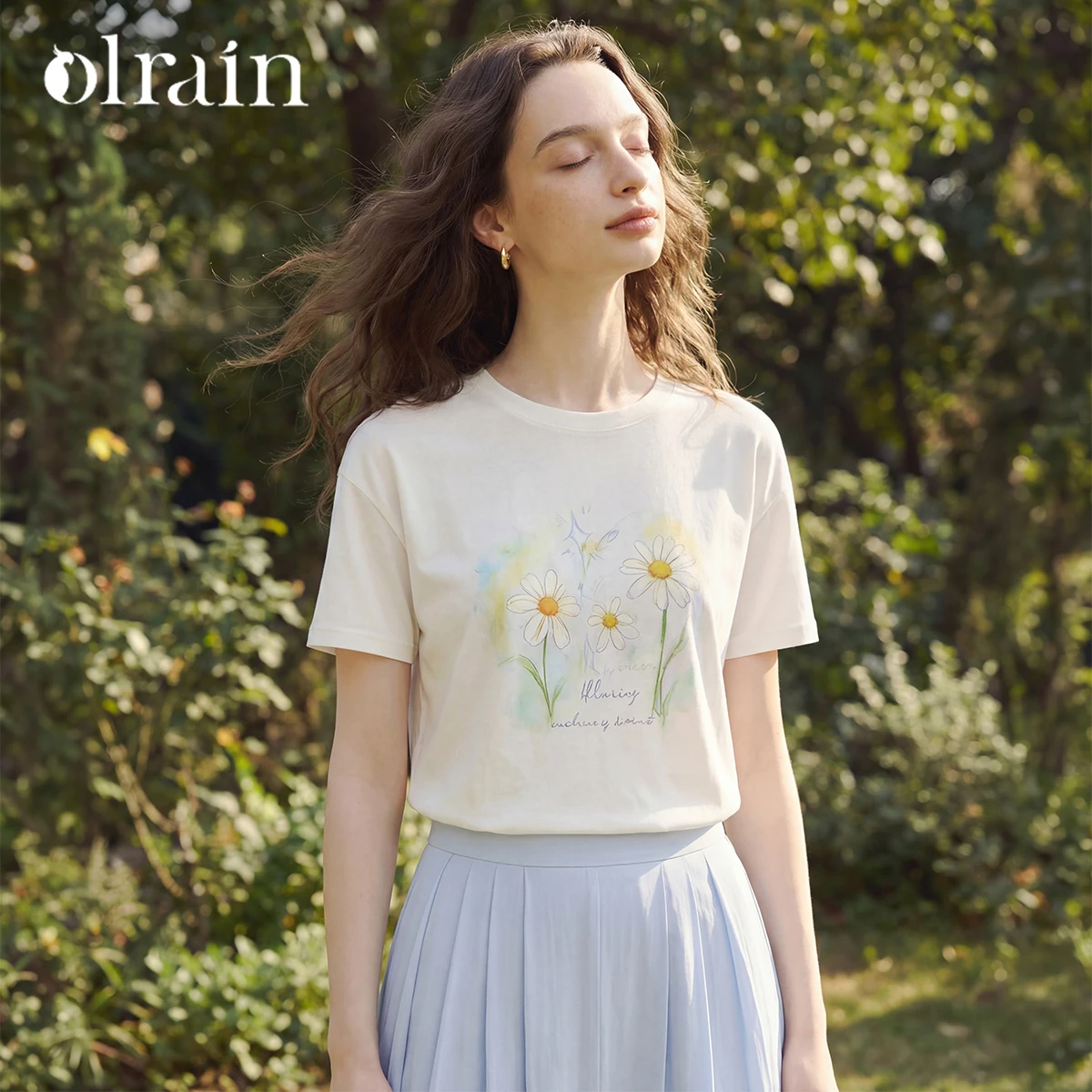 OLrain Women's Short Sleeve T-shirt 2026 Summer New Casual Round Neck Fashion Fun Hand Drawn Plant Print Loose Top O58XT008006
