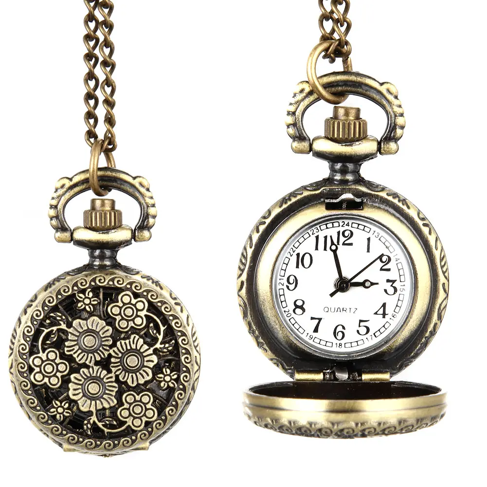 Fashion Women Vintage Quartz Pocket Watch Alloy Hollow Out Flowers Necklace Pendant Lady Girl Sweater Chain Clock Gifts