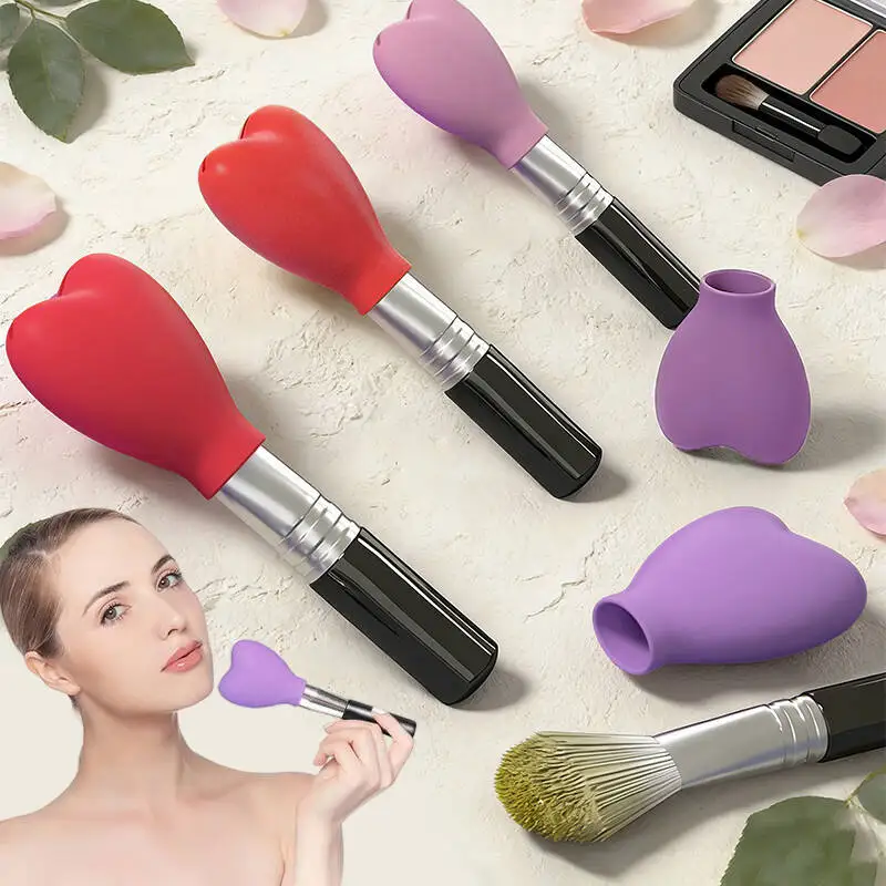 Set di pennelli per trucco professionale Pennello per trucco a testa piatta singola e 3 pezzi di copertura protettiva antipolvere in silicone Strumenti per cipria in polvere sciolta