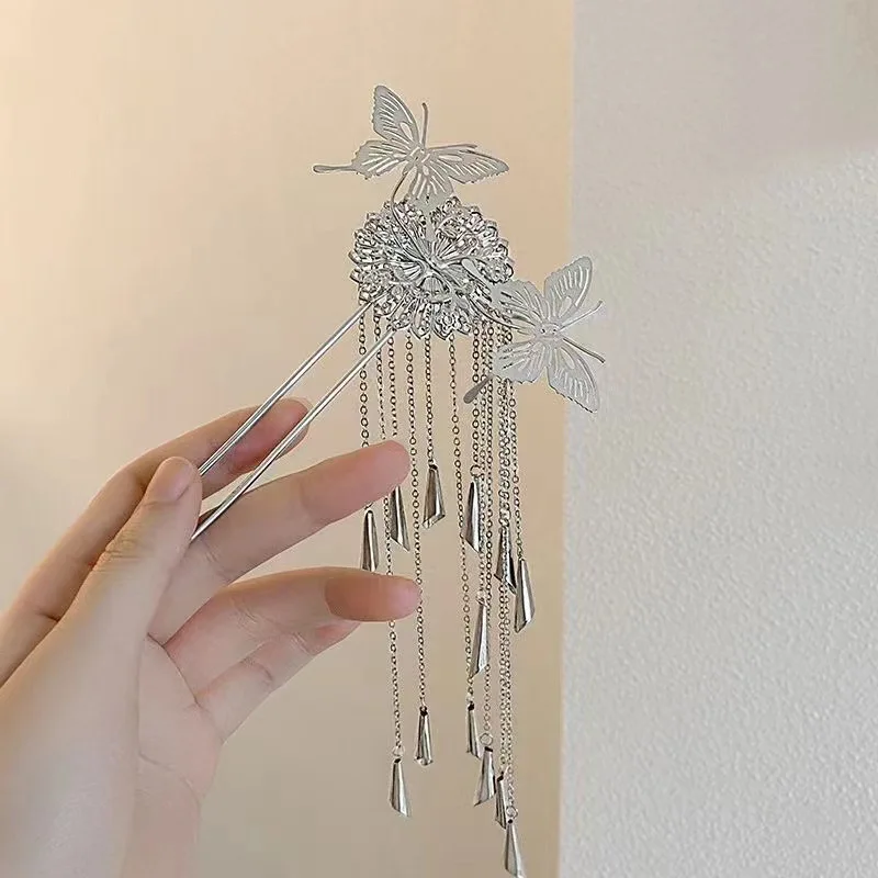 أزياء المعادن فراشة شرابة الشعر العصي للنساء النمط الصيني U على شكل دبابيس الشعر الطويلة كعكة الشعر أغطية الرأس إكسسوارات الشعر