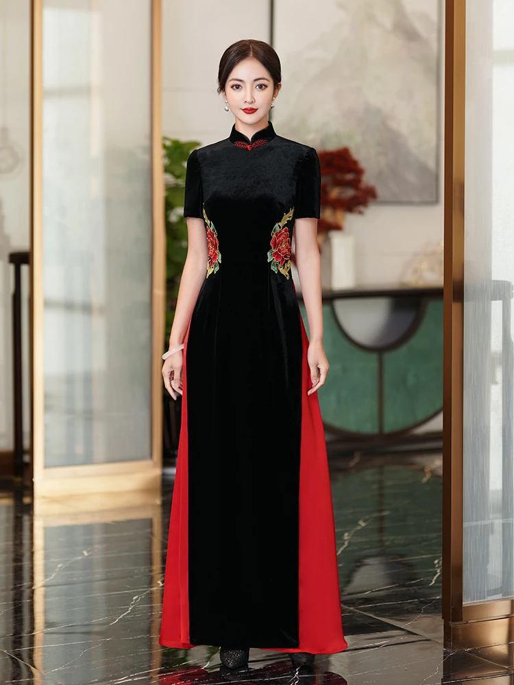 

Spring New Bla Velvet ort Sve Retro Sle Evening Gown High Slit Long Qipao round Collar Embroidered Design