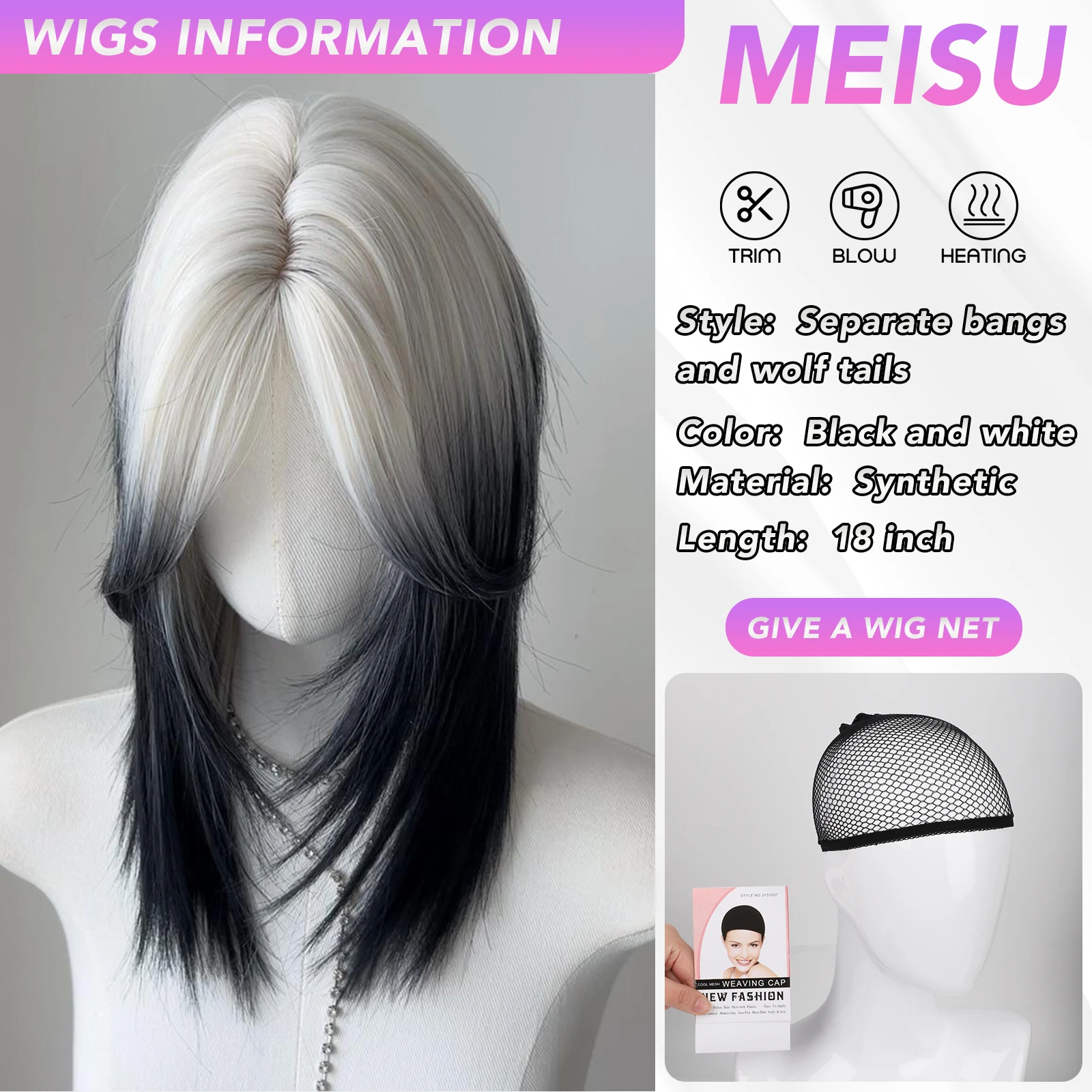 MEISU 18 Inch Black And White Mullet Head Wig  Synthetic Straight Fluffy Natural Wolf Tail Hair for Daily Use Party Cosplay