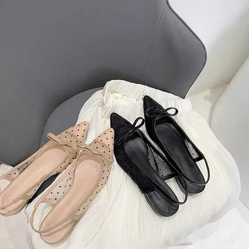 Women's mesh polka dot low-heel sandals 2026spring and summer versatile bow fairy-style closed-toe pointed backless single shoes image 5