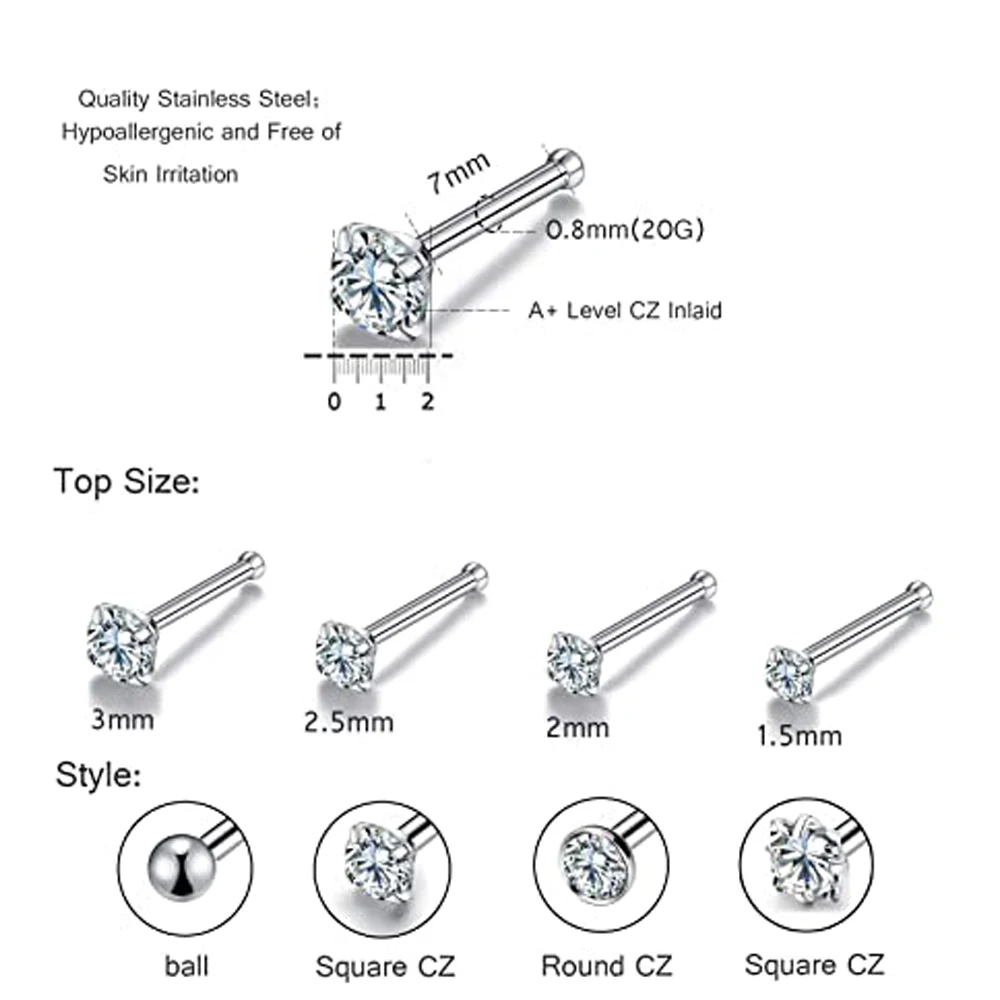 20G 4 Style Stainless Steel Stud Silver Nose Ring CZ L Shape Nose Body Piercing for Womens Mens 1.5/2/2.5/3mm