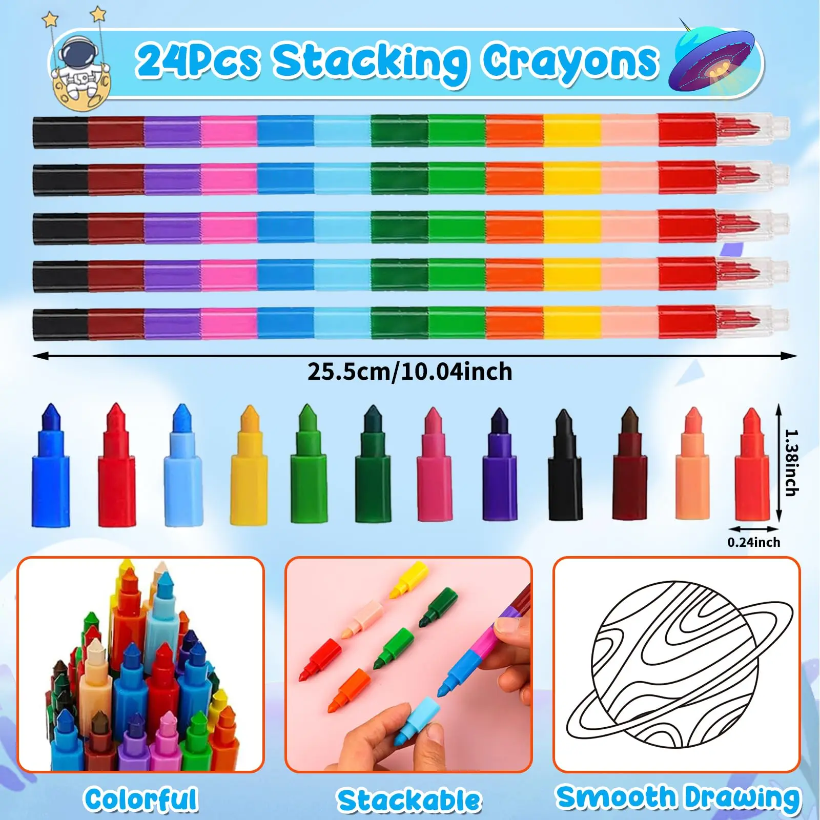 24Pcs Outer Space Coloring Books for Kids with 24 Stacking Crayons Mini Coloring Book Party Favors Bulk Gifts Alien Astronaut