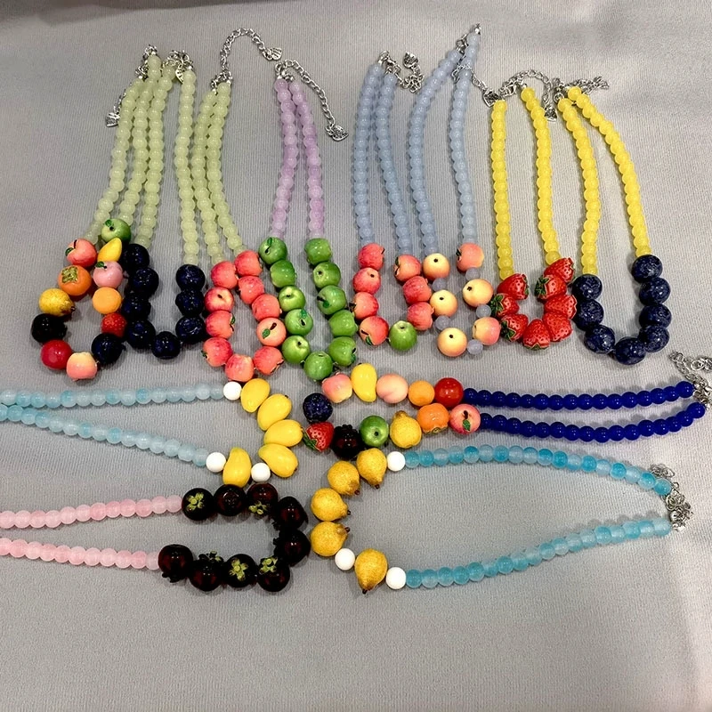 New Dopamine Resin Fruit Blueberry Raspberry Apple Strawberry Tomato Glass Beaded Choker Necklace Summer Neck Jewelry Wholesale