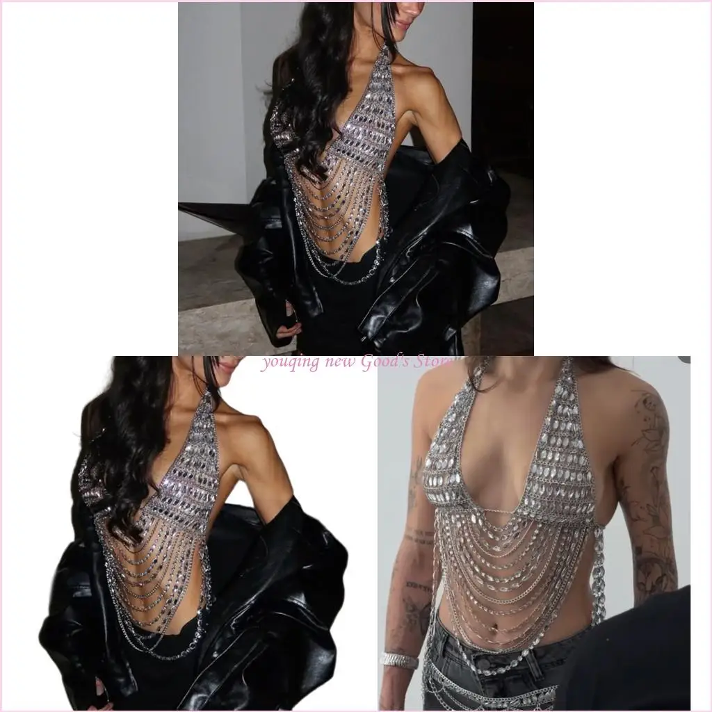 

57QA Shimmering Rhinestones Necklace Corset Chain For Weddings And Photo Shoots