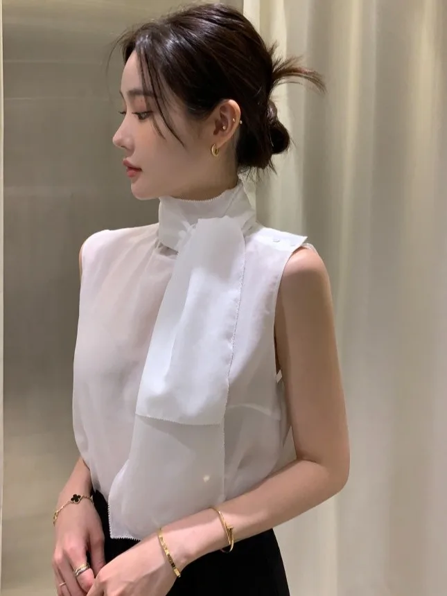 

Chic Gentle Ele Chic Svel Sa Chiffon irt Women's Soft Faionable Small Size No Sve Top Korean Sle Loose Fit