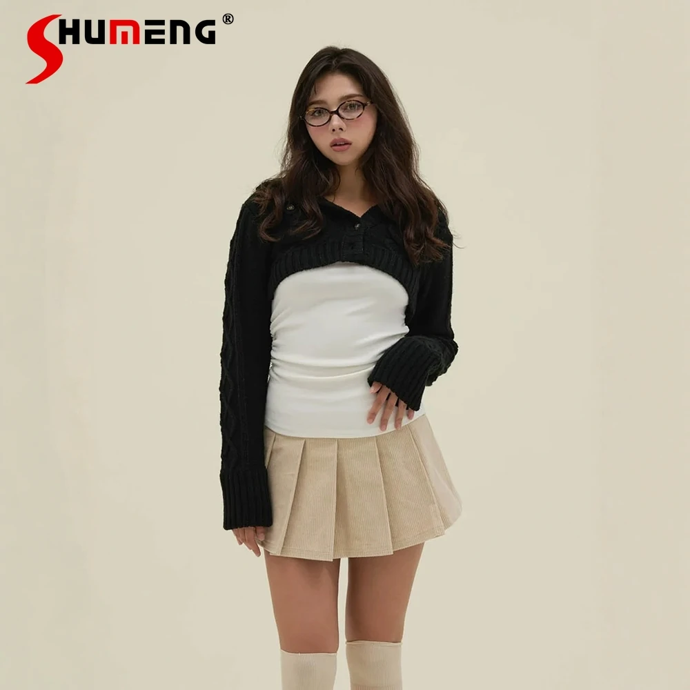 

Japanese Style Lady Sweet Long Sleeve T-Shirt Knit Cardigan 2-Piece Set Autumn Sweaters Girls Women's Top Knit Hooded Jacket Set